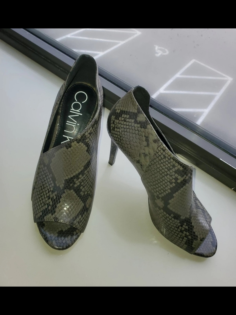Calvin Klein Snake-Print Open-Toe Stiletto Booties in Gray